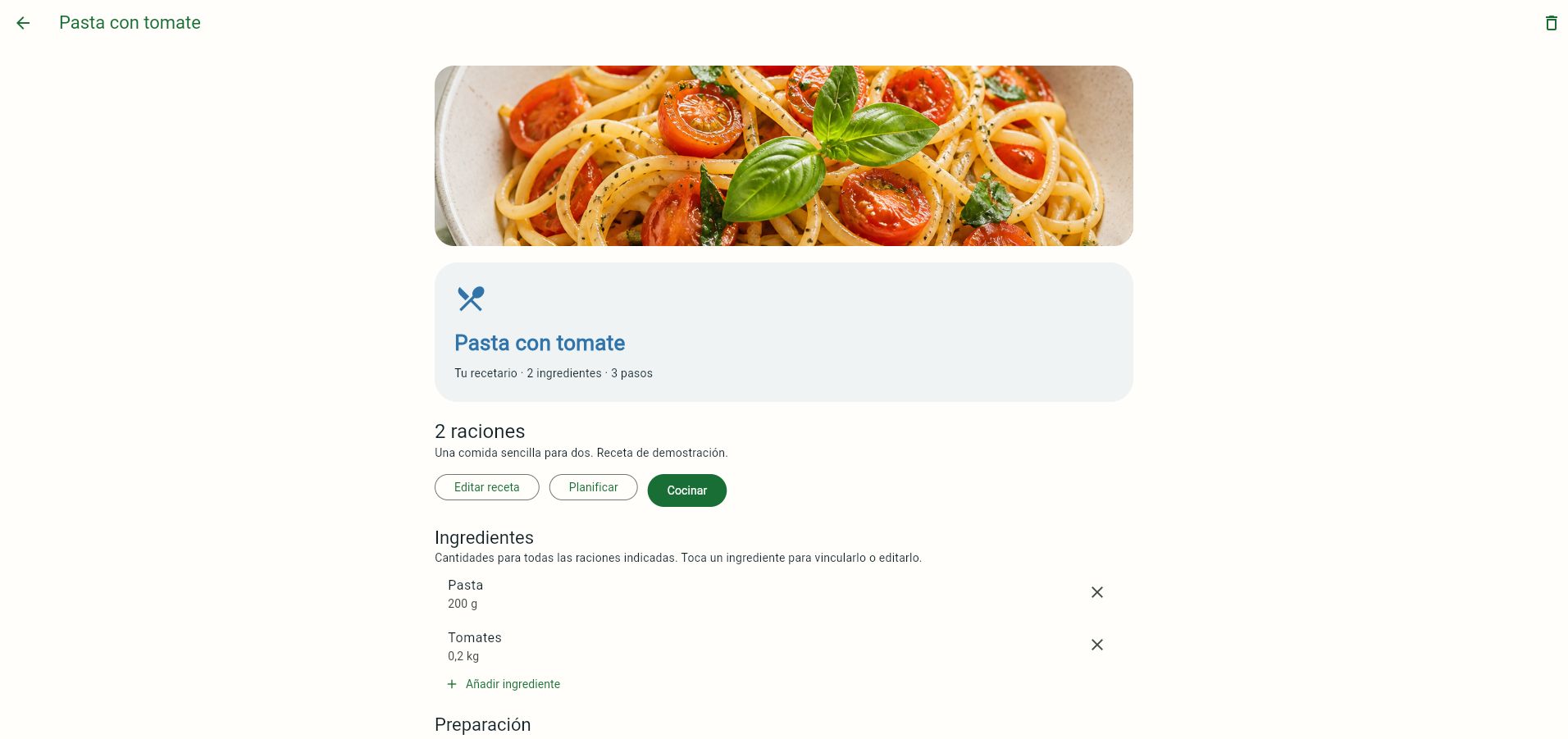 Cestario · Ingredientes y preparación, interior de la aplicación