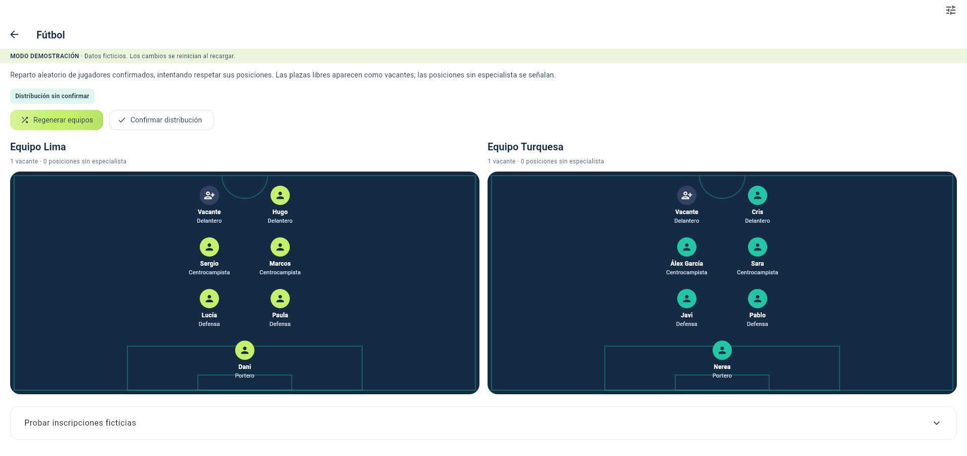 MatchVity · Reparto de equipos, interior de la aplicación